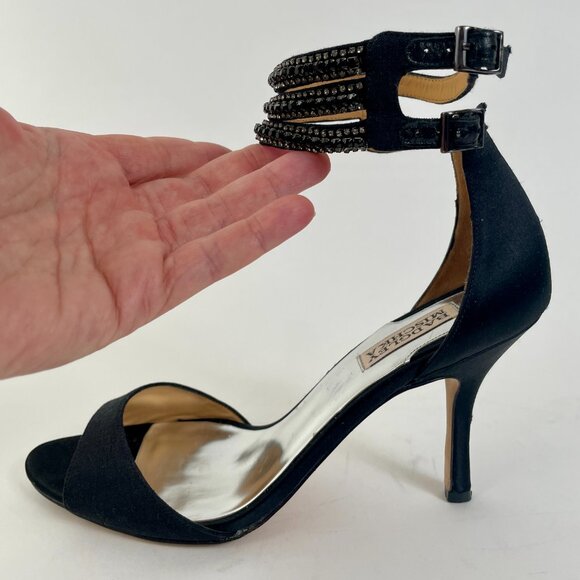 Badgley Mischka Dazzler Black Satin Strappy Heels With Beaded Ankle Strap, Sz 9 - Picture 7 of 10